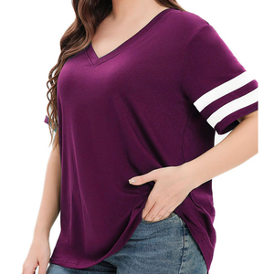 Camisetas de Verano para Mujer, Cuello en V, Holgadas, de Algodón, con Rayas, Dobladillo Redondo, Lisas, Casuales, con tu Propio Logotipo - Product Image 2