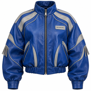 Biker Royal Blue Oversized <b>Leather</b> <b>Bomber</b> <b>Jacket</b> Grey Sleeve Stripe Fringe High Neck Elastic Hem Custom Wholesale Vendor - Product Image 1