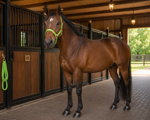 Lime Zest Australian Saddle Style Nylon Rope Horse <b>Halter</b> with Gold Buckles and Rings for Stable Use - Product Image 3