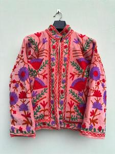 Luxury Pink <b>Velvet</b> Embroidered <b>Jacket</b> With Floral Pattern Full Sleeve Stand Collar Handmade Bohemian Winter Outerwear - Product Image 3