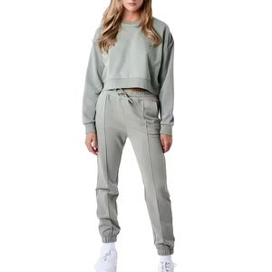 Ensemble de survêtement pour femme, coupe courte, avec fermeture éclair, couleur unie, en coton respirant, pour la gym et le fitness - Product Image 2