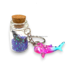 Cute Shark Charm Bottle Keychain with <b>Purple</b> <b>Glitter</b> and Cork Lid Acryl Animal Shape Zinc Alloy Ring - Product Image 1