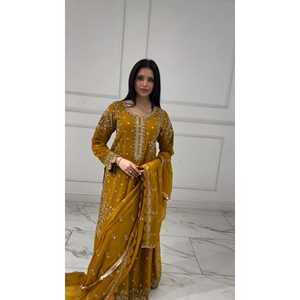 Vestidos de carrera de diseñador Top-Plazzo y Dupatta con trabajo de secuencia de bordado - Product Image 3