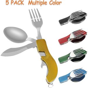 Utensilios de Camping Portátiles de Acero Inoxidable 4 en 1, Juego de Cubiertos Ligero de 5 Piezas, Tenedor, Cuchara, Abrebotellas para Aventuras al Aire Libre - Product Image 2