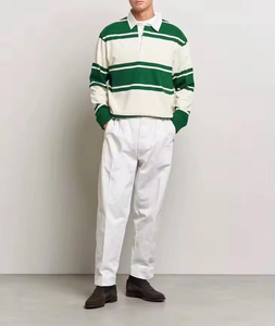 Polo à manches longues rayé pour homme, tricoté, vert et blanc, coupe décontractée classique - Product Image 2