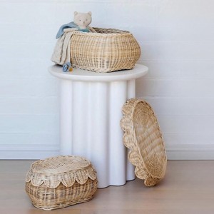 Handwoven Scalloped <b>Basket</b> Set Of 2 Elegant <b>Wicker</b> <b>Basket</b> <b>Storage</b> with Scallop Edge Lid Nursery <b>Storage</b> Clothing Organizing - Product Image 5