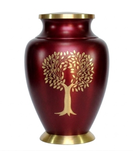 Urne funéraire élégante en métal rouge bordeaux pour cendres humaines - Urne funéraire en laiton sculptée à la main avec Arbre de Vie pour l'enterrement, l'hommage à domicile et l'exposition - Product Image 1