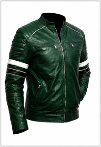 Veste de moto en cuir véritable vert pour homme, coupe ajustée, col montant, fermeture éclair intégrale, style motard avec plusieurs poches élégantes - Product Image 4