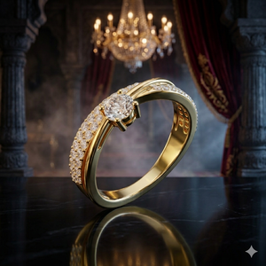Bague de fiançailles solitaire ronde en or jaune de luxe avec double rangée de pavés, bague de promesse de mariage pour femme, bijoux - Product Image 1