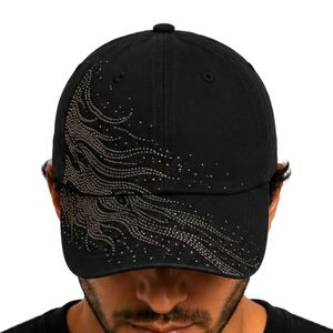 Casquette de baseball de luxe noire à strass, motif vague, ajustable, en coton, style Dad Hat, streetwear premium, mode unisexe, OEM ODM, vente en gros - Product Image 1