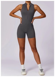 Quarter-<b>Zip</b> Sleeveless High Waist Seamless Yoga Bodysuit Solid Gray Breathable One Piece Activewear Set - Product Image 1