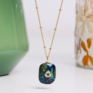 จี้คริสโซคอลล่าทรงสี่เหลี่ยมผืนผ้าแบบฝังขอบทอง สร้อยคอทอง 14K พร้อมสายโซ่แบบ Satellite ดีไซน์ไม่ซ้ำใคร - Product Image 2
