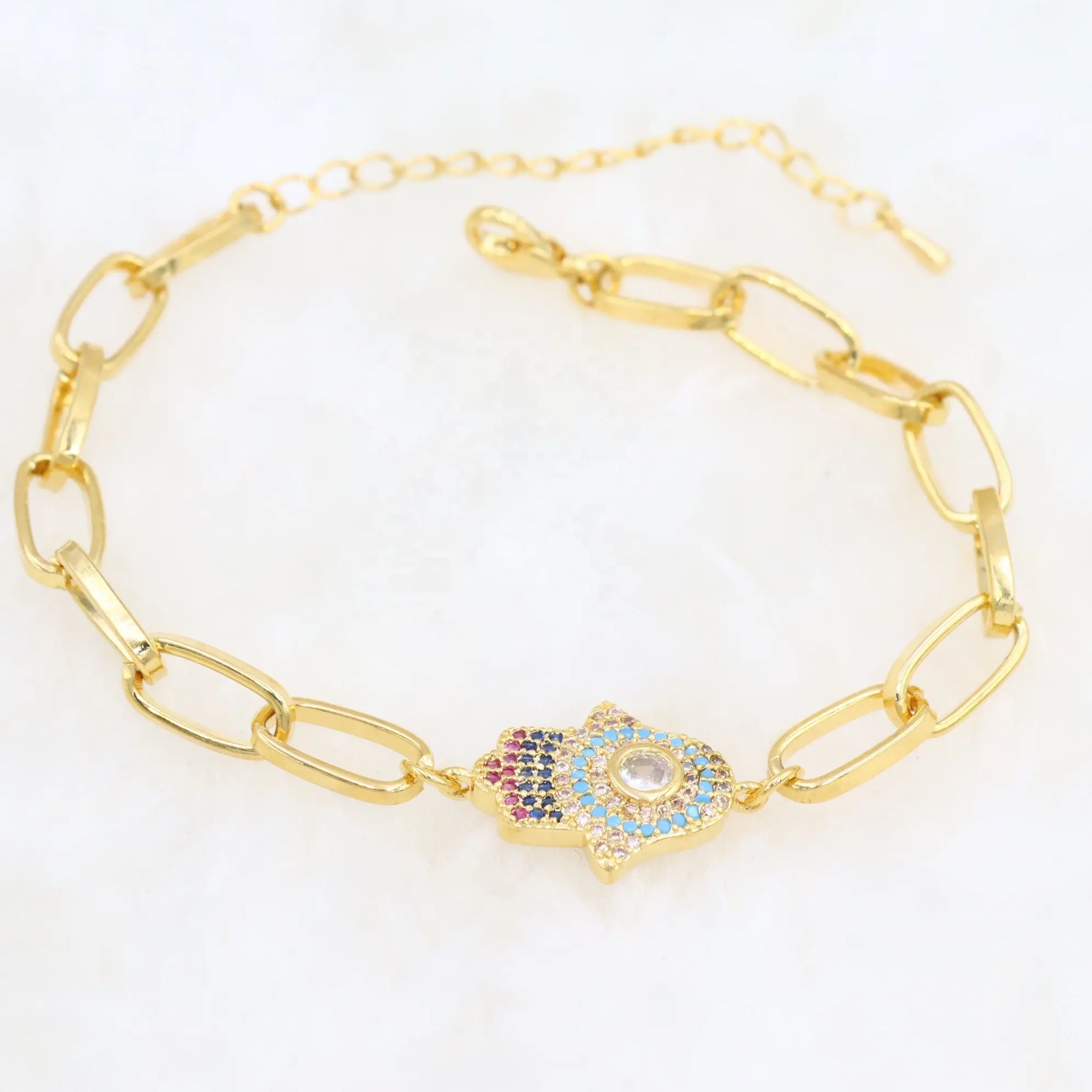Women's Fashion Trendy Delicate Gold Plated Hand Hamsha Chain Cubic Bracelet Multicolor Zircon Luxury Jewelry
