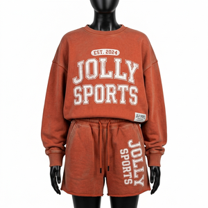 Heavyweight 320 GSM Cotton Blend Fleece Women Sweatshirt And Shorts Set Vintage <b>Rust</b> Print Logo Hoodie Shorts Set for Women - Product Image 3