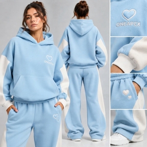 Ensemble de survêtement décontracté pour femme, bleu ciel et blanc, avec sweat à capuche oversize et pantalon de jogging à jambes larges, tenue deux pièces - Product Image 3