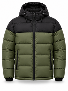 Chaqueta Acolchada con Capucha para Hombre, Invierno, Cálida, Impermeable, Secado Rápido, Cortavientos, Casual, Cierre Frontal, Bloques de Color Verde Oliva y Negro - Product Image 1