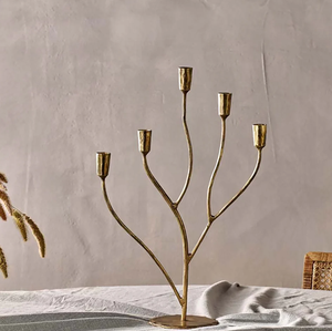 Modern metallic copper finish five arm <b>candelabra</b> featuring minimalist tiered vertical rods, available at wholesale prices. - Product Image 4