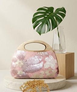 <b>Pink</b> Floral Sequin Clutch Bag Embroidered Evening <b>Purse</b> Shell Shape Lock Closure for Wedding Party Banquet - Product Image 1