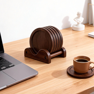 Ensemble de sous-verres en bois de bambou naturel avec support, sous-verres ronds minimalistes, protection de table pour tasses à café, mugs, verres, salle à manger - Product Image 1