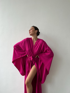Fuchsia Satin <b>Loose</b> Fit Kimono Maxi Robe <b>Dress</b> with Wide Sleeves Deep V Neck Tie Waist Resort Beach Cover up Boho Evening Kaftan - Product Image 6