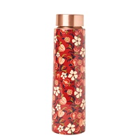 Botol Air Tembaga Pola Bunga Kustom Merah Dengan Tutup Rose Gold, Wadah Minum Portabel untuk Perjalanan, 26cm, Kualitas Tinggi