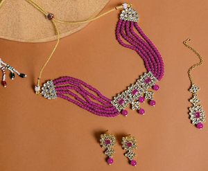Ensemble collier et boucles d'oreilles en alliage plaqué or avec zircon rose et perles d'imitation pour femmes, bijoux de mariage - Product Image 6