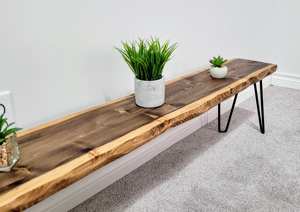 Banco de 8 pulgadas de profundidad con borde natural, asiento de madera maciza con patas de metal, banco rústico hecho a mano para entrada, mueble de madera con borde natural - Product Image 3