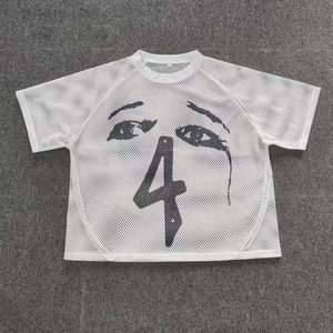 White Mesh T-Shirt With Number 4 <b>Face</b> Print Short Sleeve Crop Top Men's Street Style Breathable O-Neck Regular Fit - Product Image 1