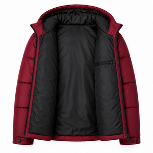 Veste matelassée à capuche couleur personnalisée, en polyester lisse, avec larges empiècements matelassés, fermetures éclair noires, manteau d'hiver premium style streetwear - Product Image 5