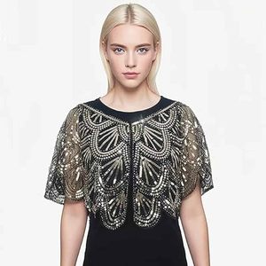 1 Cape élégante pour femme, en résille dorée perlée avec détails en sequins, boléro élégant pour mariages et événements formels - Product Image 3