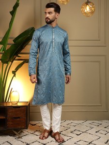 Ensemble Kurta Pyjama en Coton Khadi Premium avec Broderie et Travail de Miroirs – Tenue Ethnique pour Hommes pour Festivals et Mariages - Product Image 1