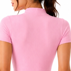 <b>Women's</b> Custom Ribbed Zip Front <b>Romper</b> Short Sleeve Seamless Fitness Jumpsuit OEM Custom Design Quick Dry For <b>Women</b> Suit - Product Image 5
