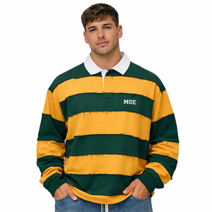 Camisetas de Manga Larga para Hombre con Rayas de Rugby y Borde sin Rematar, de Algodón Pesado, Estilo Urbano, Fabricación OEM de Marca Privada - Product Image 1