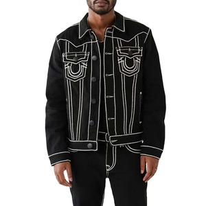 Men's <b>Black</b> Denim <b>Jacket</b> With White Embroidery Turn-down Collar Casual Style Regular Fit Autumn Wear - Product Image 1