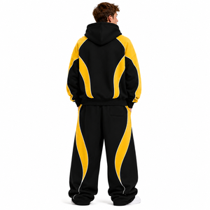 Conjuntos de sudadera de invierno de alta calidad con bloques de color, cremallera, estilo oversize, forro polar grueso y joggers anchos holgados, con bordado personalizado - Product Image 2