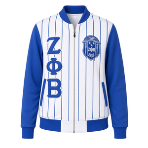 เสื้อแจ็คเก็ต Zeta Phi Beta ลายทางสีน้ำเงินขาว แบบซิปเต็มตัว แขนยาว สไตล์บอมเบอร์ สำหรับชมรมนักศึกษากรีก  ลำลอง - Product Image 3