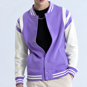 Men's <b>Purple</b> Woolen Windproof <b>Varsity</b> <b>Jacket</b> Color Blocking Casual Fleece Regular Fit Stand Collar Winter Streetwear - Product Image 2