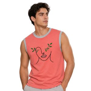 Débardeur sans manches en coton pour homme, motif brodé minimaliste, coloris corail et gris, style streetwear décontracté pour l'été - Product Image 1
