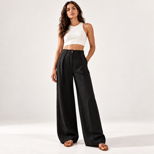 Women's <b>Linen</b> <b>Cropped</b> Wide Leg Pants Elastic Waist Casual Palazzo <b>Trousers</b> with Pockets - Product Image 4