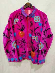 Pink <b>Velvet</b> Embroidered Fleece <b>Jacket</b> With Floral Pattern Stand Collar Zipper Closure Autumn Women's <b>Jacket</b> - Product Image 1