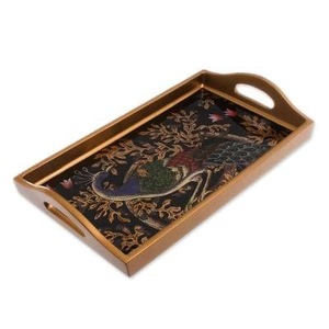 Plateau de service en bois imprimé avec poignées, plateau décoratif carré pour le petit-déjeuner, le café, les collations, la décoration de table - Product Image 3