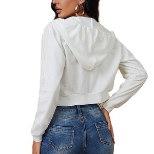 Women's <b>White</b> <b>Long</b> <b>Sleeve</b> Zipper Hoodie <b>Crop</b> <b>Top</b> Casual Knitted Sweatshirt Winter Solid Color Breathable Lined 100% Cotton - Product Image 4