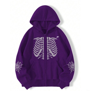 เสื้อฮู้ดดี้สีม่วงสำหรับผู้ชาย แบบซิป ปักลายโครงกระดูกด้วยเพชร ทรงโอเวอร์ไซส์ ใส่ได้ทั้งชายและหญิง สไตล์ฮิปฮอป แขนปกติ ผ้าเฟรนช์เทอร์รี่ - Product Image 2