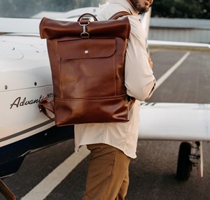 Genuine Leather Roll Top <b>Backpack</b> Mens Retro Travel Daypack Cowhide Laptop Rucksack Custom Branding OEM LTBP-0078 - Product Image 4