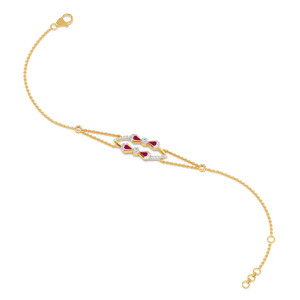 Twin Bow Diamond Chain <b>Bracelet</b> with Yellow Gold Double Chain and <b>Red</b> Stone Accent Design - Product Image 2