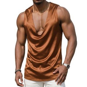 Men's High Quality Satin Draped Front Sleeveless <b>Tops</b> Custom Deep Neck Muscle Tank Shirts Wholesale Apparel SupplierTank <b>Tops</b> - Product Image 1