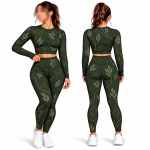 Ensemble de yoga 2 pièces pour femmes, haut court à manches longues, leggings taille haute pleine longueur, ensemble de vêtements de sport - Product Image 1