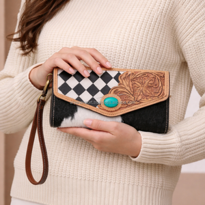 Hand-Tooled Hair On Leather Women Wallet Clutch Long Western Style Checkered Design Cowgirl <b>Wristlet</b> Purse With Turquoise Stone - Product Image 4