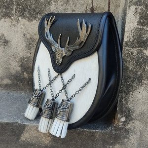 <b>Stag</b> <b>Head</b> Kilt Sporran Highland White Fur and Leather Sporran with 3 Tassels Pouches and Bags - Product Image 5