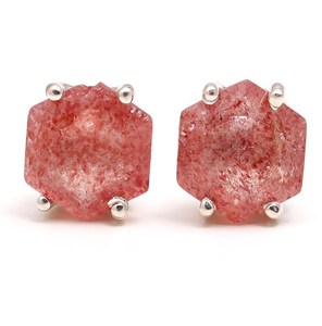 Boucles d'oreilles clous hexagonales en quartz fraise naturel, argent sterling 925, certifiées IGI, faites à la main, vintage, pierres précieuses, pour anniversaire et fête - Product Image 4